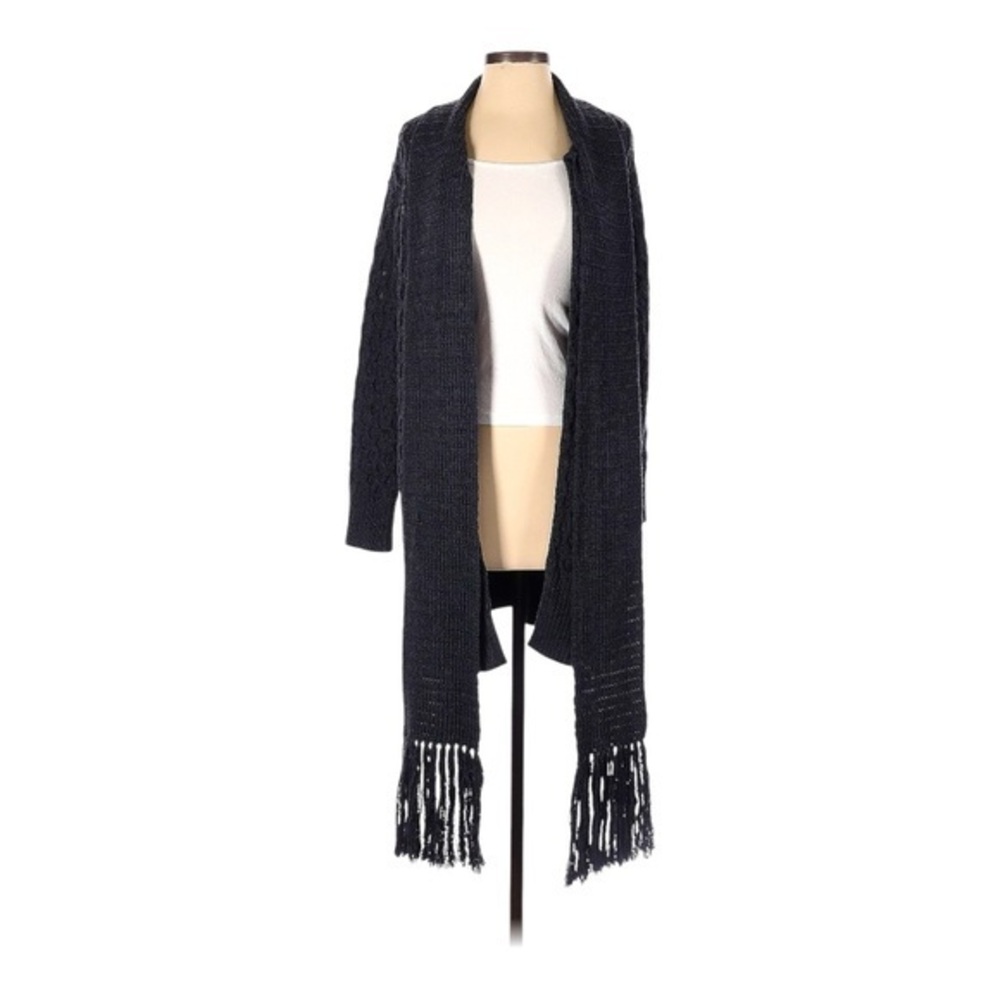 Trina Turk Dark Grey Wool Cardigan with Built-In Fringe Scarf, Size Small